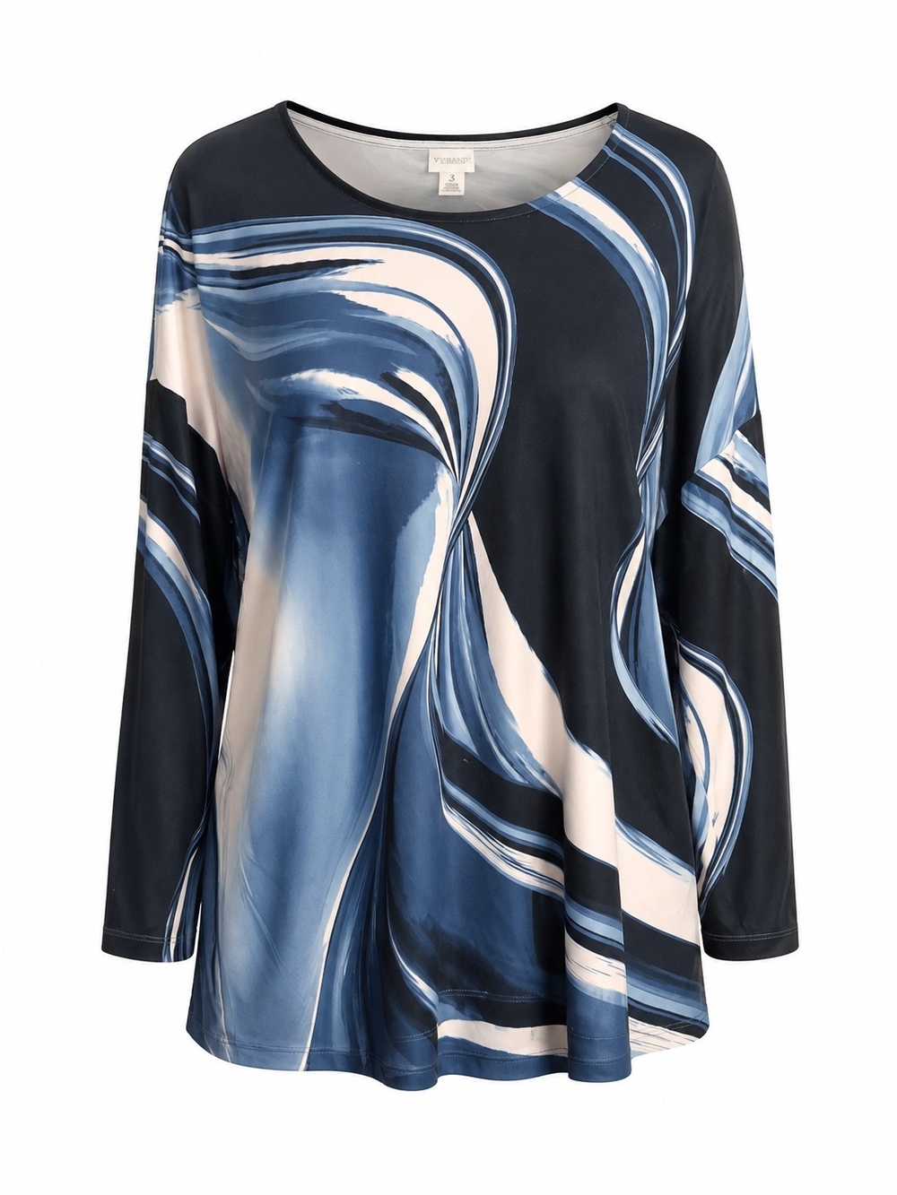 Chico's Navy, Cream and Blue Abstract Swirl Long-Sleeve Blouse